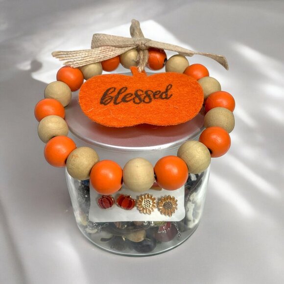 Fall-Themed Jewelry Jar W/ Earrings Necklaces Bracelets & Accessories 15 Items - Picture 2 of 8